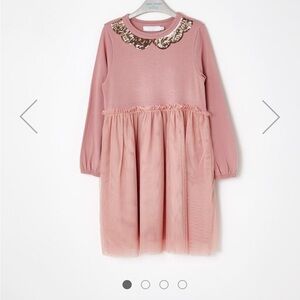 Leigh Tucker Willow Blair Gold Sequin Collar Dress. 7/8. Dusty pink/tulle skirt